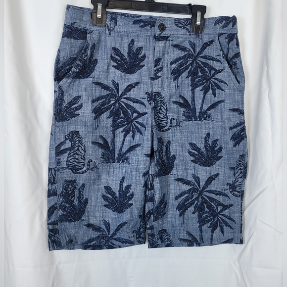 Children's Place Boys Preppy Blue Tiger Palm‎ Tree Chambray Chino Shorts Sz 14 - Picture 1 of 7